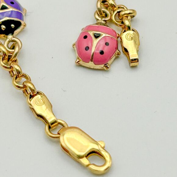 Italian 10k Yellow Gold Rolo Link Charm Bracelet with Enamel Ladybugs - Picture 5 of 7